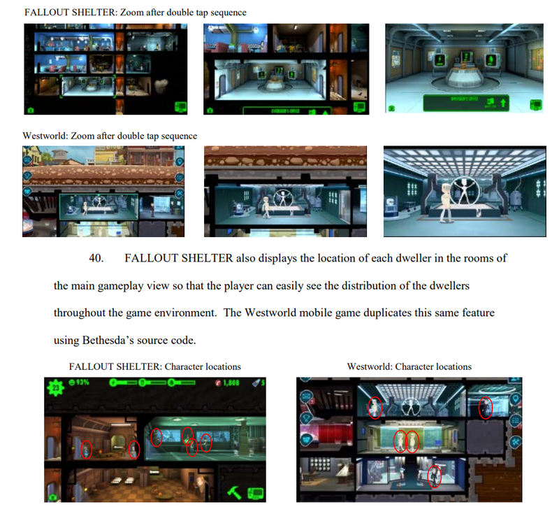 A section of Bethesda’s lawsuit arguing that Westworld duplicates the visual layout of Fallout Shelter.